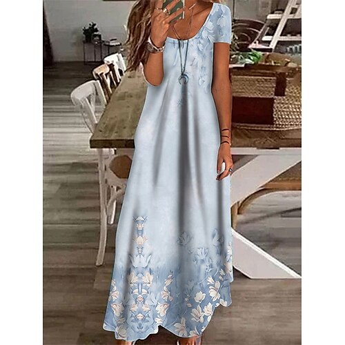 

Mulheres Vestido casual Vestido de turno Vestido Longo Vestido Maxi Azul Branco Manga Curta Floral Bolsos Primavera Verão Decote V 2022 S M L XL XXL 3XL