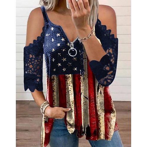 

Women's T shirt Tee Royal Blue American Flag National Flag Lace Cold Shoulder Short Sleeve Casual Weekend Basic V Neck Regular Painting S / 3D Print / Print