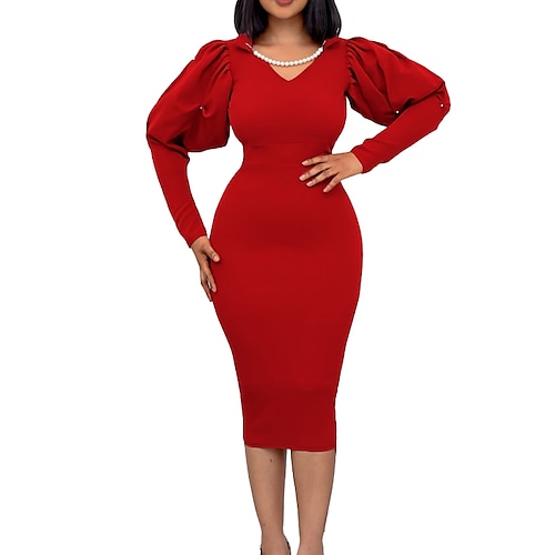 

Women's Sheath Dress Knee Length Dress Green Black Red Long Sleeve Fall Pure Color Puff Sleeve Fall pearl Spring Summer V Neck Work 2022 S M L XL XXL 3XL