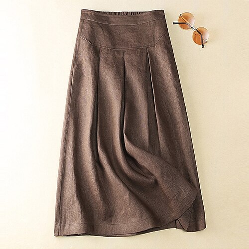 

Women's Skirt Swing Midi Linen Brown Skirts Summer Pleated Fashion Casual Daily Weekend M L XL / Loose Fit