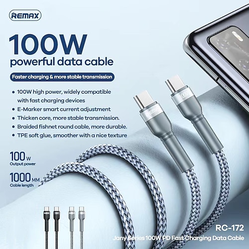 

1 Pack Remax USB C Cable 100W PD data cable 3.3ft USB C to USB C 5 A Charging Cable Fast Charging High Data Transfer Nylon Braided Durable For Macbook iPad Samsung Phone Accessory