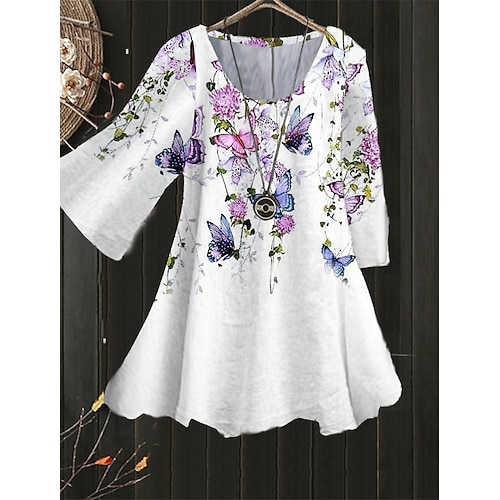 

Women's Plus Size Tops Blouse Shirt Floral Butterfly Print 3/4 Length Sleeve Crewneck Streetwear Daily Holiday Polyester Spring Summer White Black