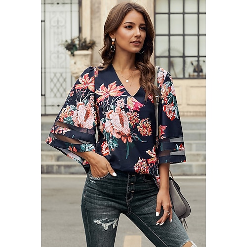 

Women's Floral Holiday Weekend Floral Blouse Shirt 3/4 Length Sleeve Mesh Patchwork Print V Neck Casual Streetwear Tops White Blue Pink S / 3D Print