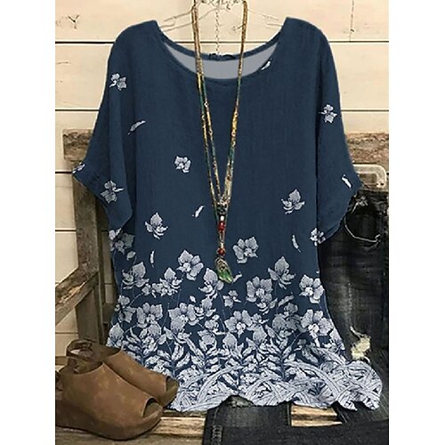 

Women's Plus Size Tops Blouse Shirt Floral Print Half Sleeve Round Neck Streetwear Daily Going out Polyester Spring Summer Blue Yellow