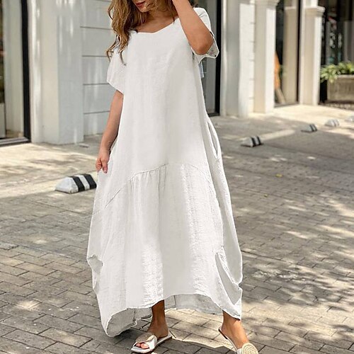 

Robe en coton et lin Robe casual Femme Robe longue maxi Coton Mélange de Coton Elégant Décontractées du quotidien Vacances Sortie Col Ras du Cou Poche Manche Courte Eté Printemps 2023 Ample Noir