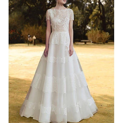 

A-Line Wedding Dresses Jewel Neck Sweep / Brush Train Lace Tulle Sleeveless Boho Sexy with Ruffles Appliques 2022