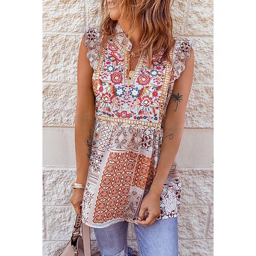 

Women's Blouse Floral Holiday Weekend Floral Boho Blouse Shirt Sleeveless Ruffle Flowing tunic Print V Neck Streetwear Casual Red S / 3D Print