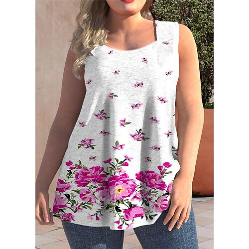 

Women's Plus Size Tops Tank Top Floral Print Sleeveless Strap Streetwear Daily Going out Polyester Spring Summer White Blue