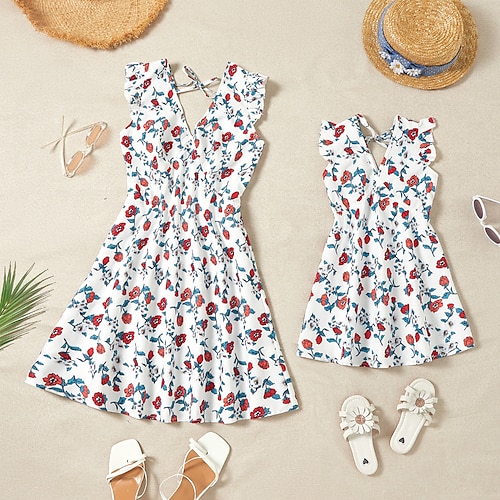 

Mommy and Me Dresses Graphic Floral Daily Ruched White Sleeveless Above Knee Vacation Matching Outfits / Ruffle / Backless / Spring / Summer / Print