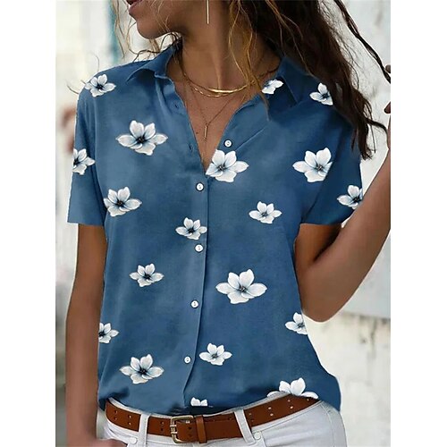 

Women's Blouse Shirt Green Blue Pink Floral Print Short Sleeve Casual Holiday Casual Shirt Collar Regular Floral S / 3D Print