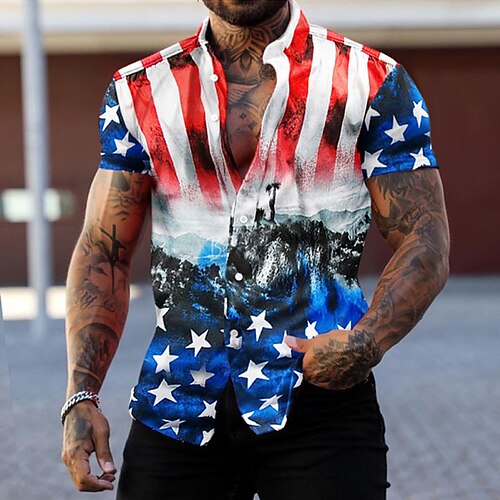 

Men's Shirt National Flag Turndown Street Casual 3D Button-Down Short Sleeve Tops Casual Fashion Comfortable Beach Blue