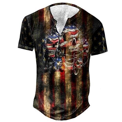 

Men's Henley Shirt Tee T shirt Tee 3D Print Graphic Patterned Skull National Flag Plus Size Henley Daily Sports Button-Down Print Short Sleeve Tops Designer Basic Casual Big and Tall Brown / Summer