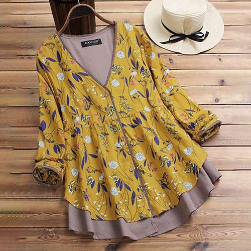 

Women's Plus Size Tops Blouse Shirt Floral Leaf Button Print Long Sleeve V Neck Streetwear Daily Going out Linen Spring Summer Green Yellow