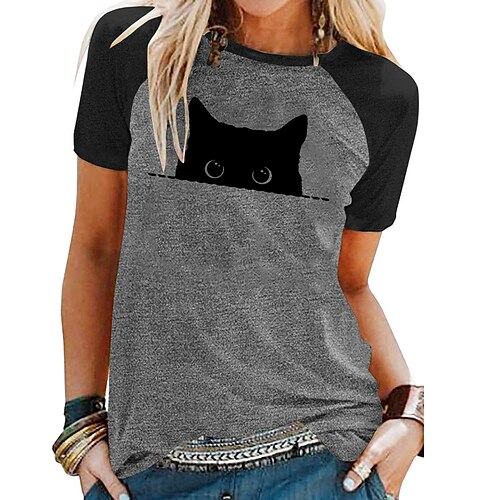 

Women's T shirt Dress Green Blue Light gray Graphic Cat Print Short Sleeve Casual Daily Basic Round Neck Regular Cat S