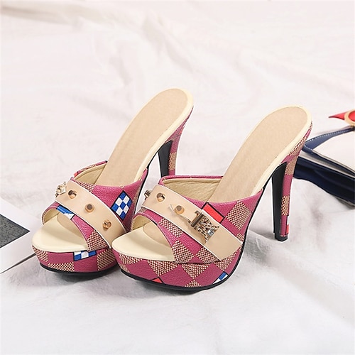 

Women's Mules Daily Platform Sandals Summer Rhinestone Stiletto Heel Open Toe Minimalism PU Leather Loafer Color Block Light Brown Rosy Pink