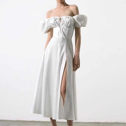 

Women's Sheath Dress Maxi long Dress White Black Short Sleeve Pure Color Split Cold Shoulder Puff Sleeve Spring Summer Off Shoulder Stylish Modern 2022 XS S M L
