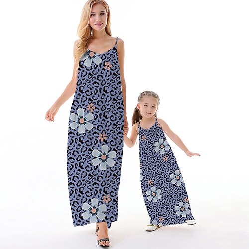 

Mommy and Me Dresses Floral Leopard Causal Backless Blue Sleeveless Maxi Strap Dress Active Matching Outfits