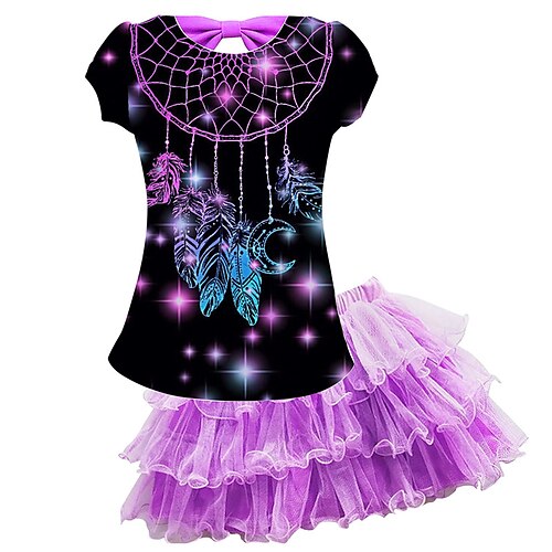 

2 Pieces Kids Girls' T-shirt & Skirt SkirtSet Clothing Set Outfit Graphic Short Sleeve Mesh Set Outdoor Active Fashion Cute Spring Summer 3-10 Years Purple