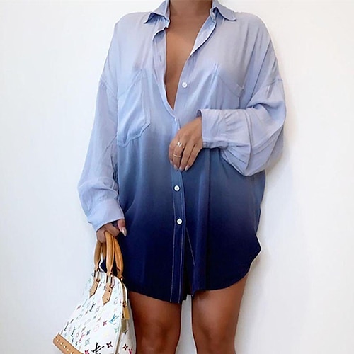 

Women's Shift Dress Short Mini Dress Green Blue Long Sleeve Color Gradient Pocket Button Print Spring Summer Shirt Collar Casual Mature 2022 S M L XL XXL