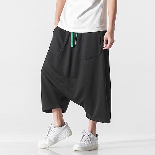 

Men's Harem Trousers Casual Pants Drawstring Elastic Waist Straight Leg Solid Color Sports Calf-Length Casual Linen Streetwear Chino Loose Fit Green White / Summer / Plus Size