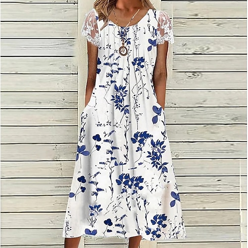 

Damen Casual kleid Midikleid Weiß Kurzarm Blumen Rüschen Frühling Sommer Rundhalsausschnitt Casual 2023 S M L XL 2XL 3XL