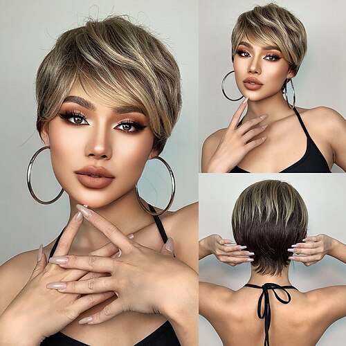 

HAIRCUBE Short Ombre Brown Wine Straight Synthetic Wigs Heat Resistant Hair Cosplay Wig for White Women Multiple Colors