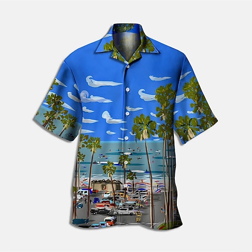 

Men's Shirt Landscape Turndown Street Casual 3D Button-Down Short Sleeve Tops Casual Fashion Comfortable Beach Blue