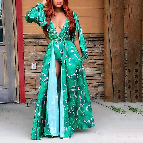 

Women's Swing Dress Maxi long Dress Green Long Sleeve Floral Backless Split Patchwork Spring Summer Deep V Personalized Stylish Vacation Lantern Sleeve 2022 S M L XL XXL 3XL / 3D Print