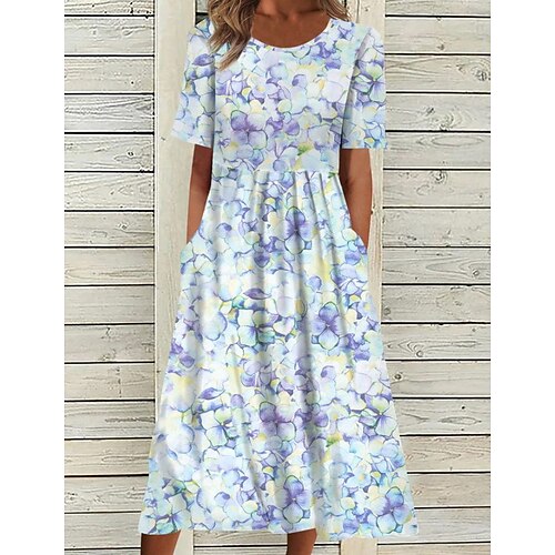 

Women's Casual Dress Floral Dress Print Dress Midi Dress Light Blue Short Sleeve Print Ruched Summer Spring Crew Neck Stylish Vacation 2023 S M L XL XXL 3XL