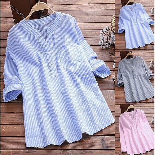 

2019# aliexpress amazon explosive large size ladies fashion striped pocket stitching top casual t-shirt shirt