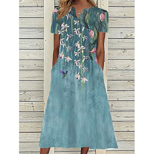 

Women's Casual Dress Midi Dress Blue Short Sleeve Floral Pocket Spring Summer V Neck Vacation 2023 S M L XL XXL 3XL