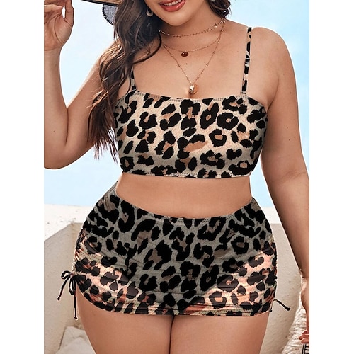 

Women's Swimwear Bikini Three Piece Plus Size Swimsuit Backless Mesh Printing High Waisted Leopard Pure Color Leopard Black Red Navy Blue Strap Bathing Suits New Stylish Vacation / Sexy