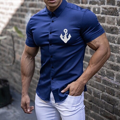 

Men's Shirt Solid Color Anchor Turndown Christmas Party Button-Down Short Sleeve Tops Casual Slim Fit Green White Black / Summer