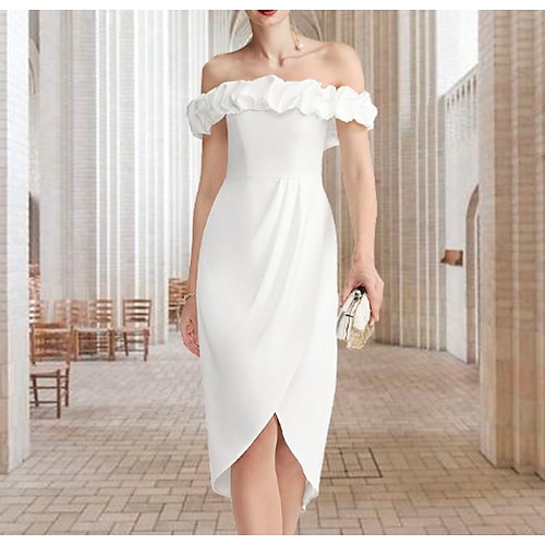 

Sheath / Column Wedding Dresses Off Shoulder Asymmetrical Knee Length Satin Sleeveless Simple Vintage Sexy Little White Dress Backless with Split Front Solid Color 2022