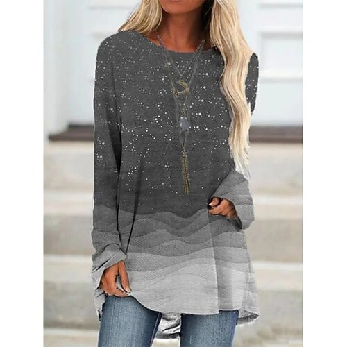 

Women's Casual Weekend Painting T shirt Tee Galaxy Long Sleeve Print Round Neck Basic Tops Gray S / 3D Print