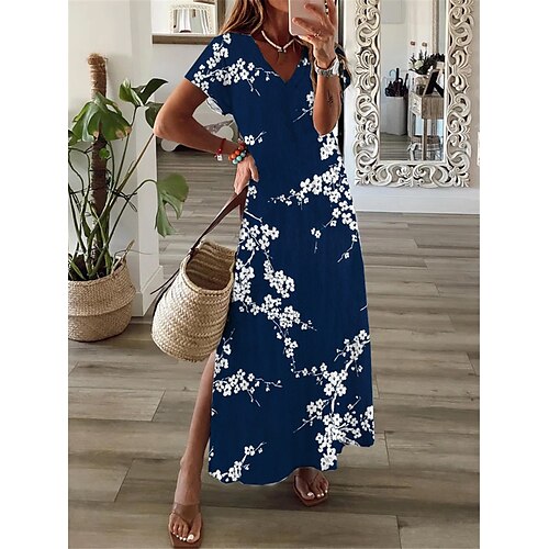 

Women's Casual Dress Shift Dress Long Dress Maxi Dress Blue Short Sleeve Floral Split Spring Summer V Neck 2022 S M L XL XXL 3XL