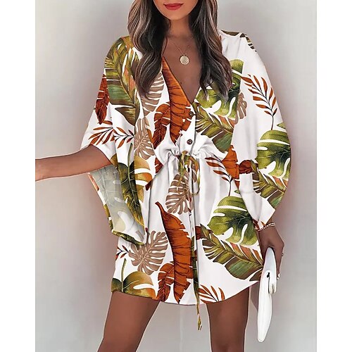 

Women's Casual Dress Mini Dress Black Yellow Light Green 3/4 Length Sleeve Print Winter Fall Autumn V Neck Loose Fit 2022 S M L XL XXL