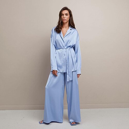 

2022 spring and summer new pajamas ice silk two-piece pajamas trousers comfortable simulation silk simple french home clothes women