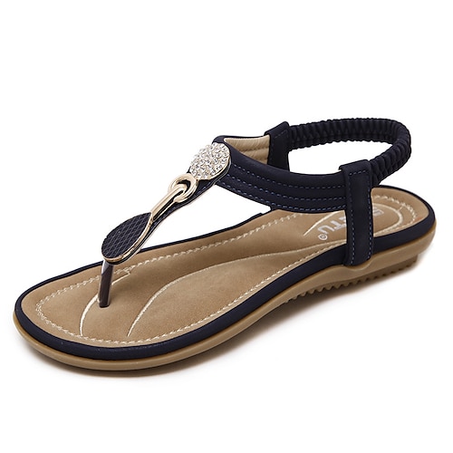 

Women's Sandals Comfort Shoes Rhinestone Flat Heel Round Toe Open Toe Elegant Casual Daily Office Walking Shoes PU Leather Elastic Band Spring Summer Solid Colored Almond Blue
