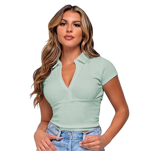 

Women's Plain Casual Weekend T shirt Tee Short Sleeve Shirt Collar Basic Essential Tops Green White Black S