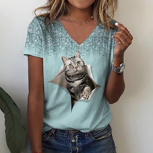 

Women's T shirt Tee Green Blue Pink Cat 3D Print Short Sleeve Casual Weekend Basic V Neck Regular 3D Cat Painting S