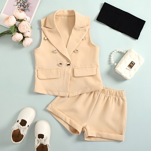 

2 Pieces Kids Girls' Tank & SKirt Clothing Set Outfit Solid Color Sleeveless Patchwork Cotton Set Outdoor Cute Sweet Spring Summer 1-5 Years Black Beige Light Blue