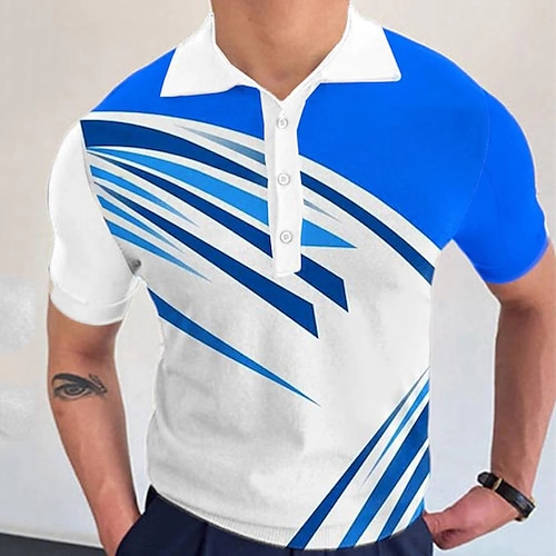 

Men's Collar Polo Shirt Golf Shirt Curve Turndown Blue / White 3D Print Street Daily Short Sleeve 3D Button-Down Clothing Apparel Fashion Casual Breathable Comfortable / Beach