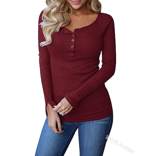 

Solid Color Round Neck Button Decorative Cashmere Bottoming Shirt Women's Casual Fashion Tight-Fitting Pullover Long Sleeves Henley Shirt