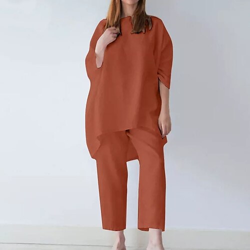 

Per donna loungewear Completi Notturno 2 pezzi Colore puro Comoda Interni Giornaliero Cotone Girocollo Mezza manica Pantalone Autunno Primavera Verde militare Arancione / Lino