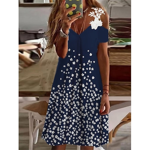 

Women's A Line Dress Knee Length Dress Navy Blue Short Sleeve Floral Lace Cold Shoulder Print Spring Summer V Neck Casual Vacation 2022 S M L XL XXL 3XL