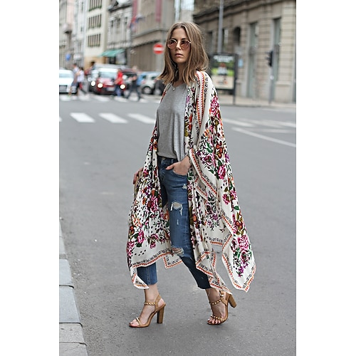 

Women's Shrugs Green Floral Print Long Sleeve Holiday Beach Streetwear Casual V Neck Long Loose Fit Floral S / 3D Print