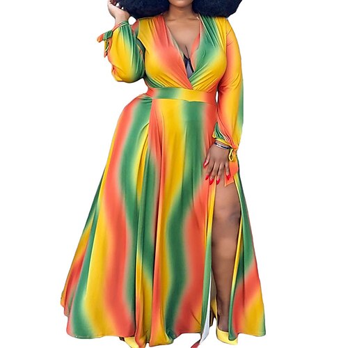 

Women's Plus Size Holiday Dress Striped V Neck Split Long Sleeve Fall Spring Sexy Maxi long Dress Daily Holiday Dress / Print