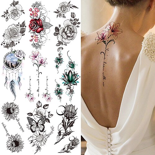 

9 pcs Lily Chains Flower Temporary Tattoos For Women Girl Black Butterfly Dream Catcher Tattoo Sticker Fake Rose Sexy Tatoos Back Body