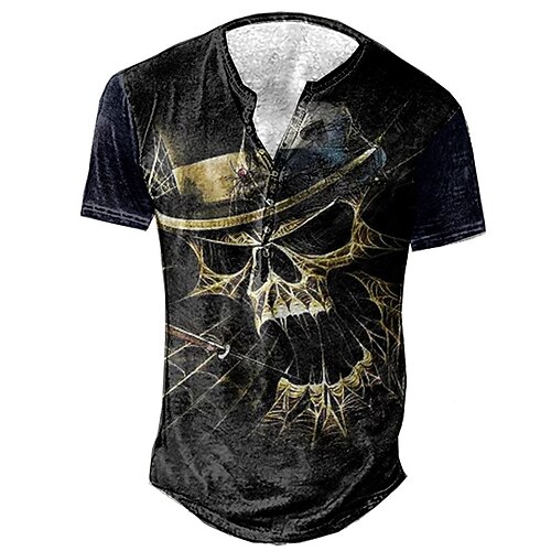 

Men's Henley Shirt Tee T shirt Tee 3D Print Graphic Patterned Skull Plus Size Henley Daily Sports Button-Down Print Short Sleeve Tops Designer Basic Casual Big and Tall Black / Summer